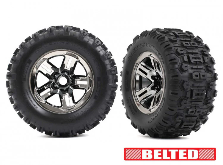 2 Pneus gainés et jantes sledgehammer Belted 3.8'' Chrome Traxxas 9573A