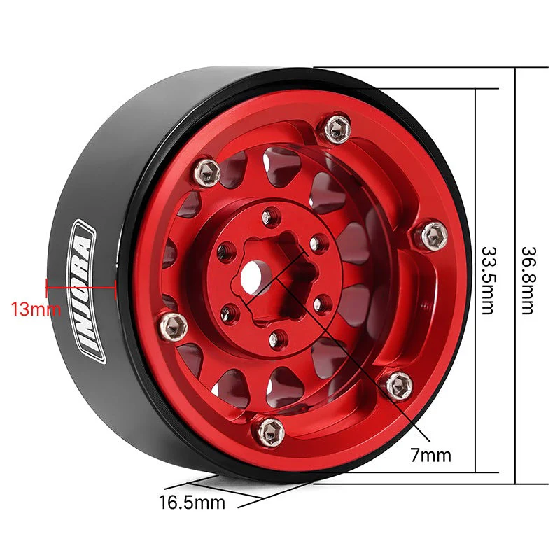 4 jantes Beadlock en aluminium rouge INJORA 1,3 pour crawler RC 1/24, 1/18 - YQW-1311RD" - Image 5