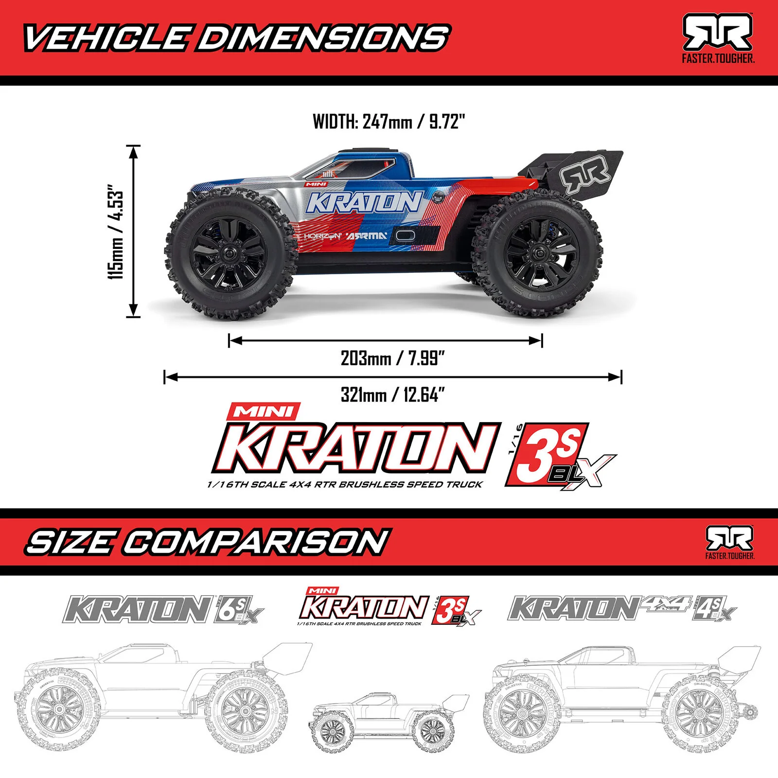 Arrma Mini Kraton 3S BLX 1/16 4x4 Brushless RTR (batterie/chargeur) ARA2508ST1 - Image 14