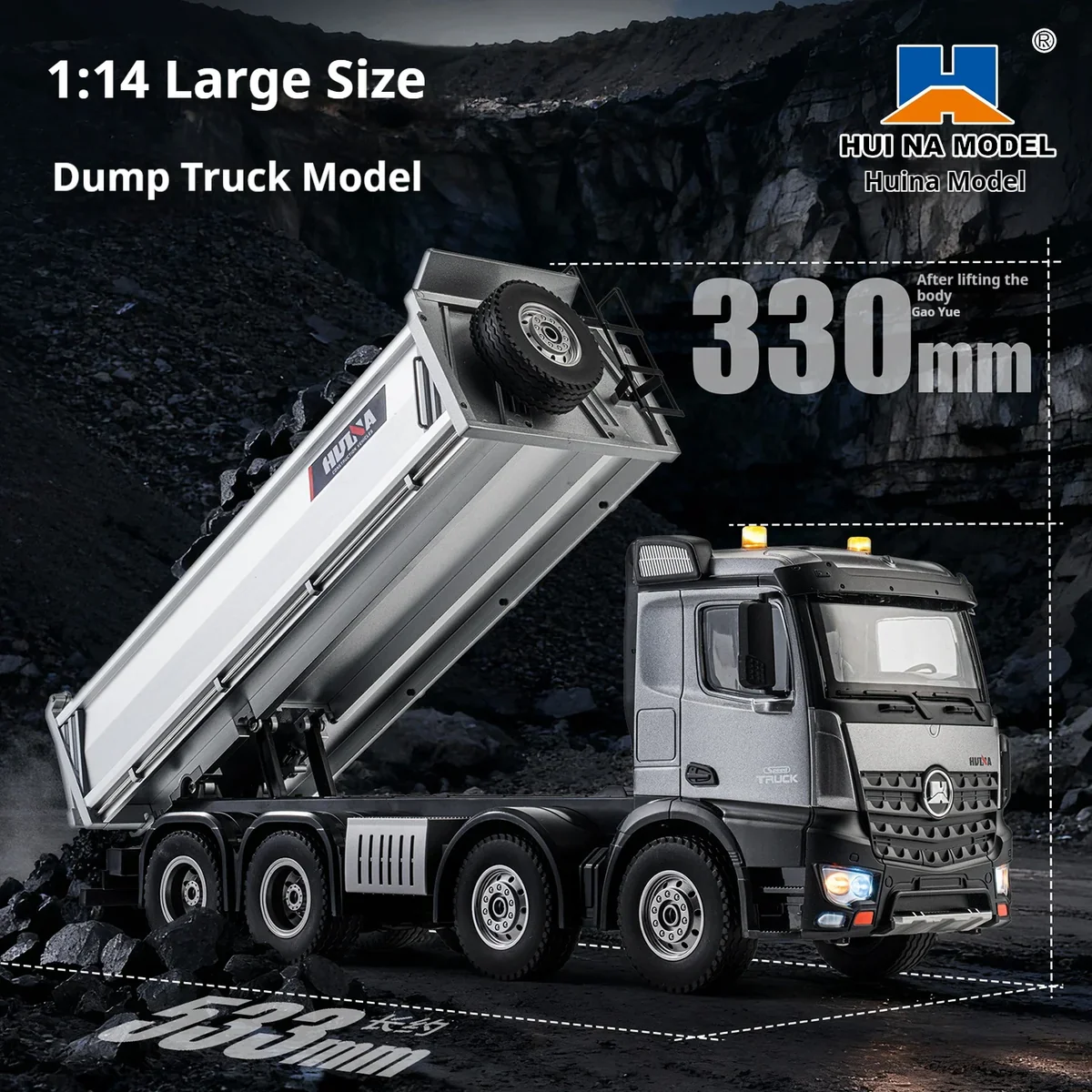 Camion benne télécommandé 1/14 HUINA Pro 13 canaux, 8 roues, avec godet en métal - Image 4