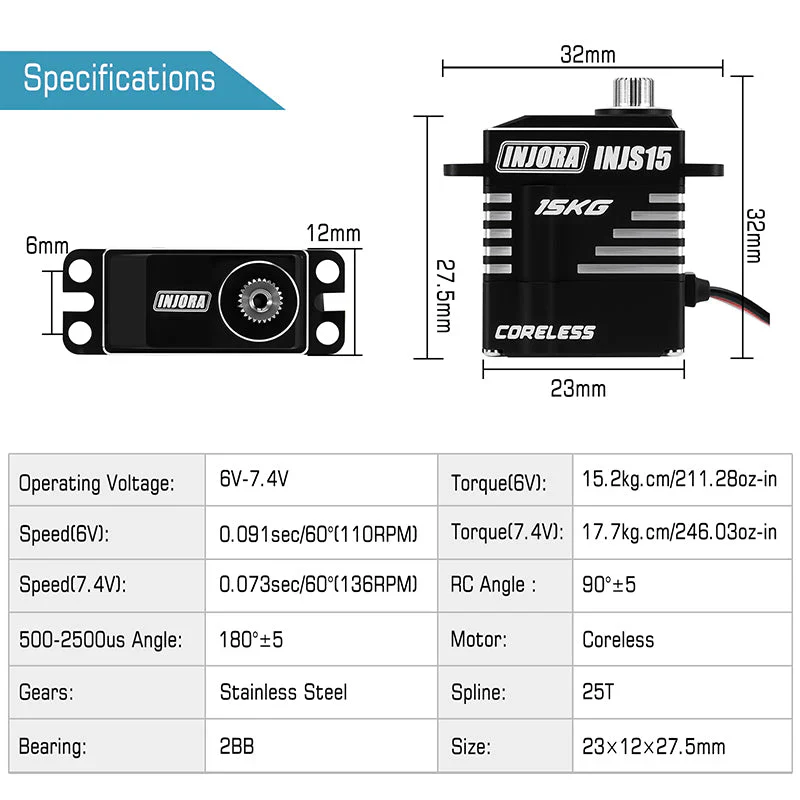 Micro servo sans noyau à couple élevé 15kg pour crawler 1/18 et 1/24 - INJS15 - Image 3