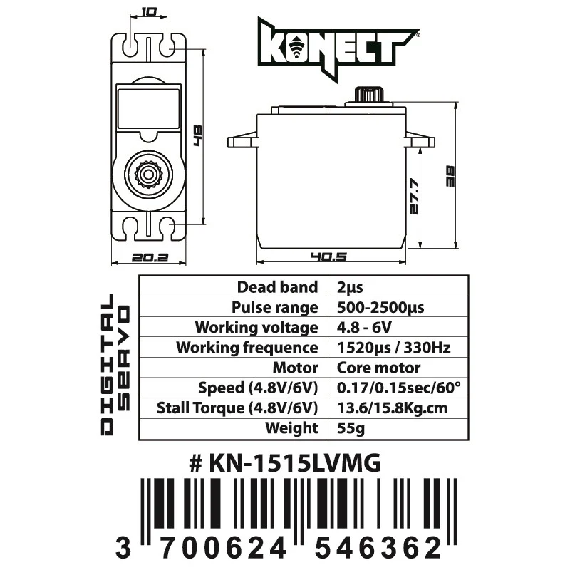 Servo Konect Digital 15kg pignons métal pour Voitures 1/8 et 1/10 - KN-1515LVMG - Image 3