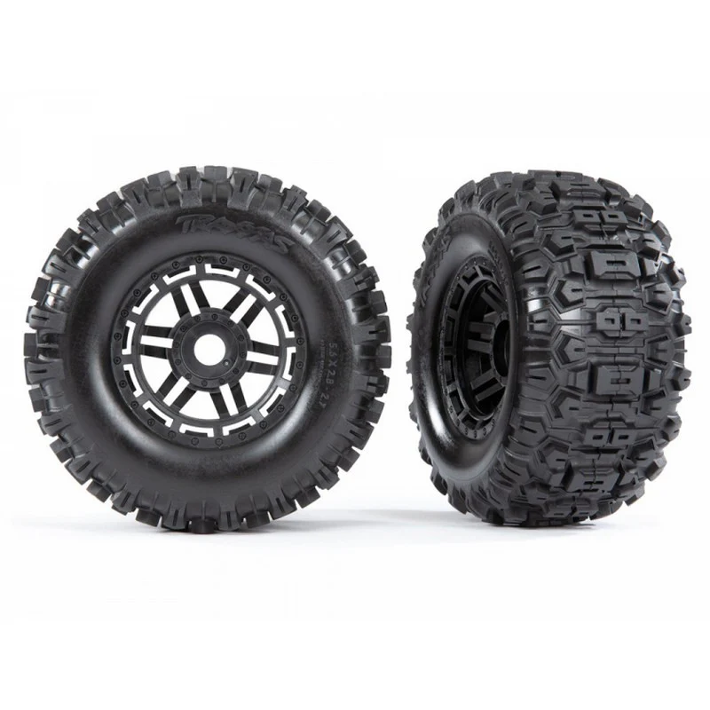 Traxxas 2 pneus + jantes noires Sledgehammer 2.8/3.6'' TSM  Maxx 8973
