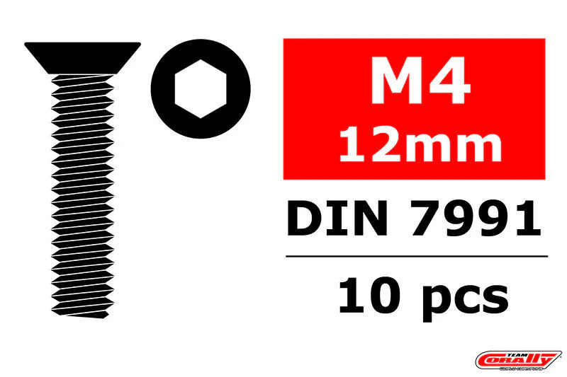 Vis en acier M4 x 12 mm tête plate hexagonale (10 pcs) - C-3002-40-12